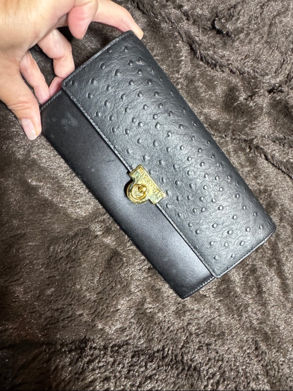 Vintage Givenchy Black Leather Ostrich Textured Long Wallet with Gold Snap-Lock